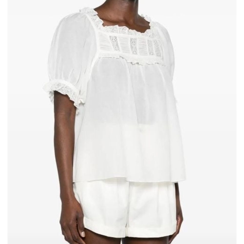 DoenWomen's White Lace-Detailed Puff-Sleeve Blouse Large - Retail $503.00